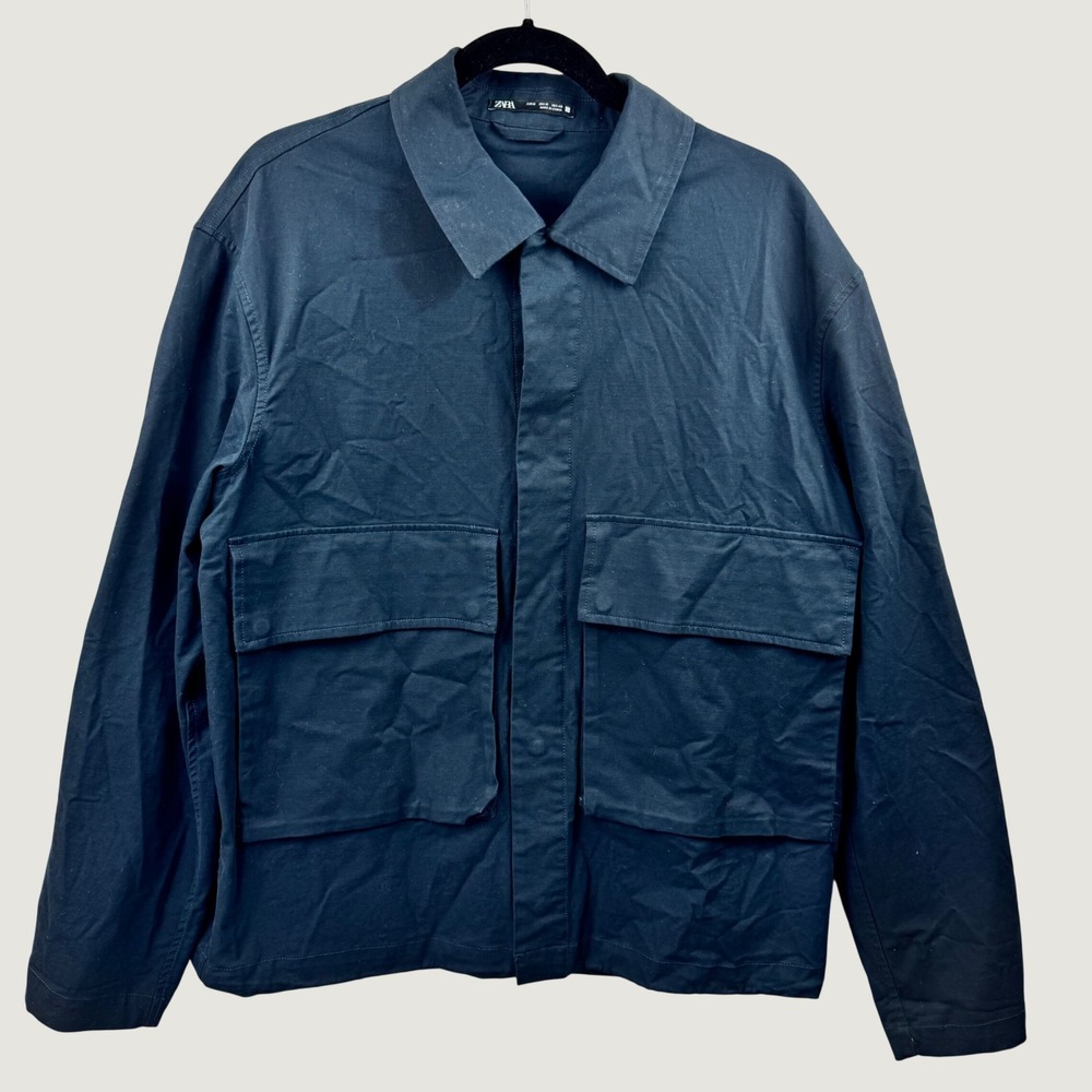 Zara Chore Jacket Canvas Utility Overshirt Mens Medium Navy Blue Snap Front